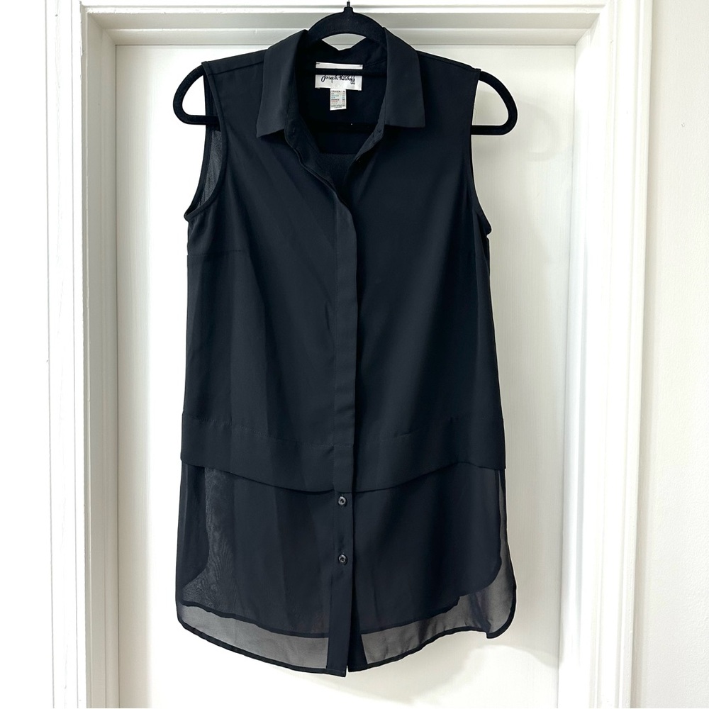 Joseph Ribkoff Black Sleeveless Semi Sheer Button Down Collared Blouse, Size 8